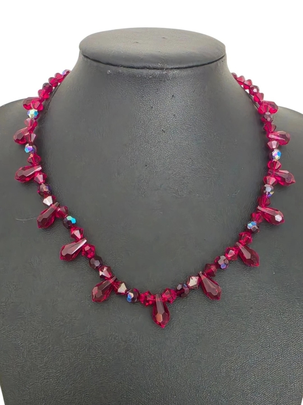 Swarovski Swan Logo Signed Siam Red Crystal Teardrop Fringe AB Bead Necklace 18"
